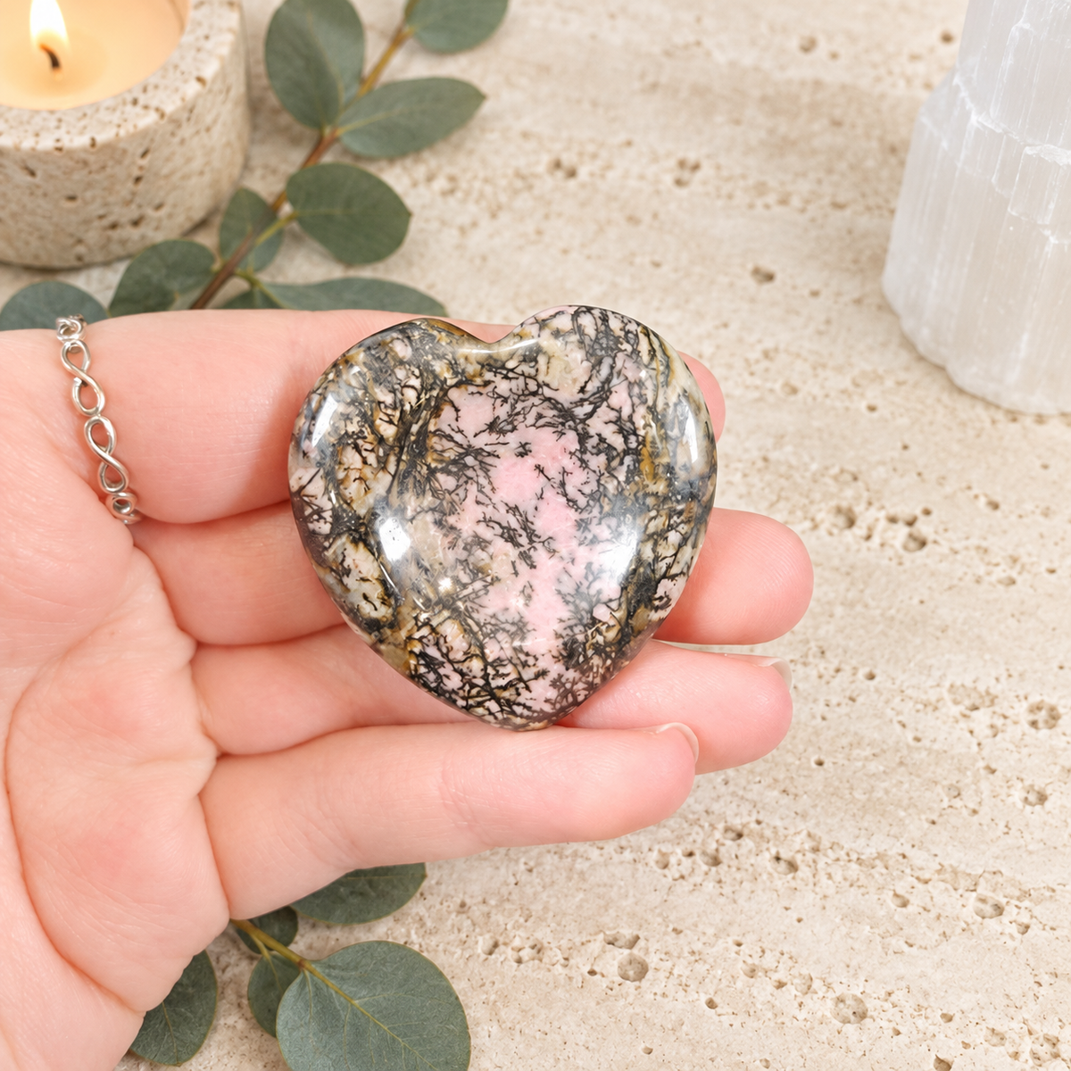 Black Line Rhodonite Heart Shape Worry Stone (Thumb Stone)