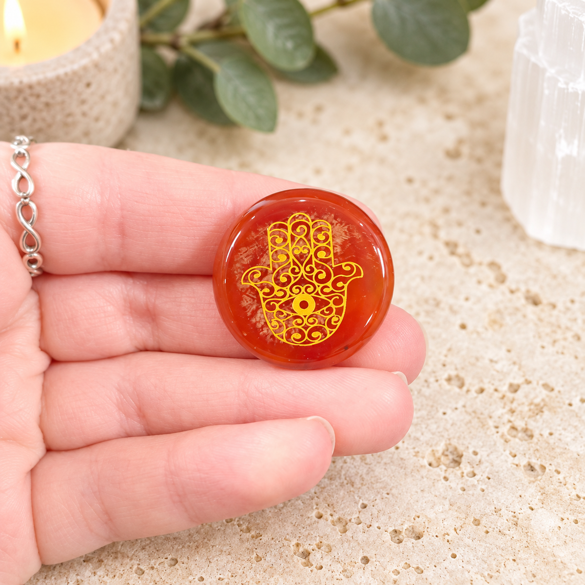 Carnelian Hamsa Gemstone Coin