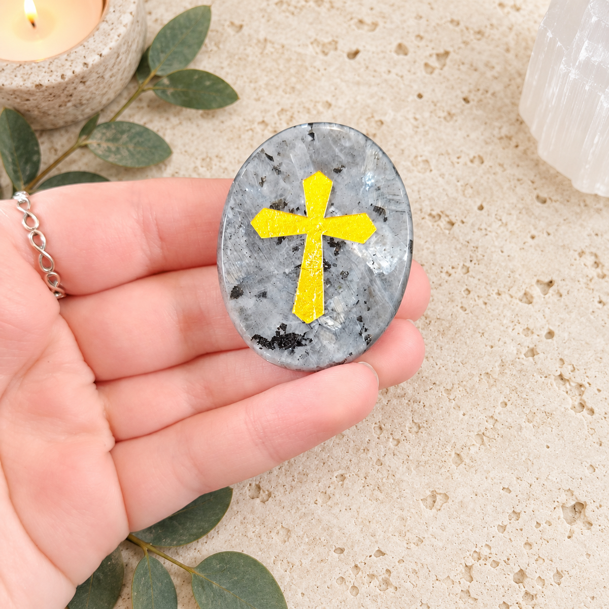 Gold Cross on Larvikite Palm