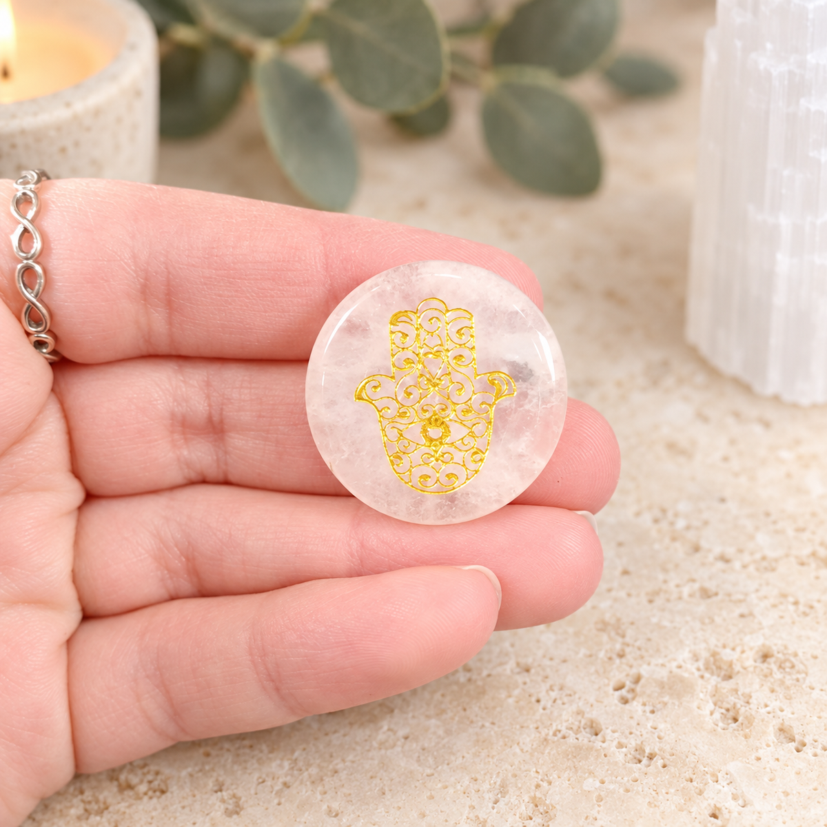 Clear Quartz Hamsa Gemstone Coin