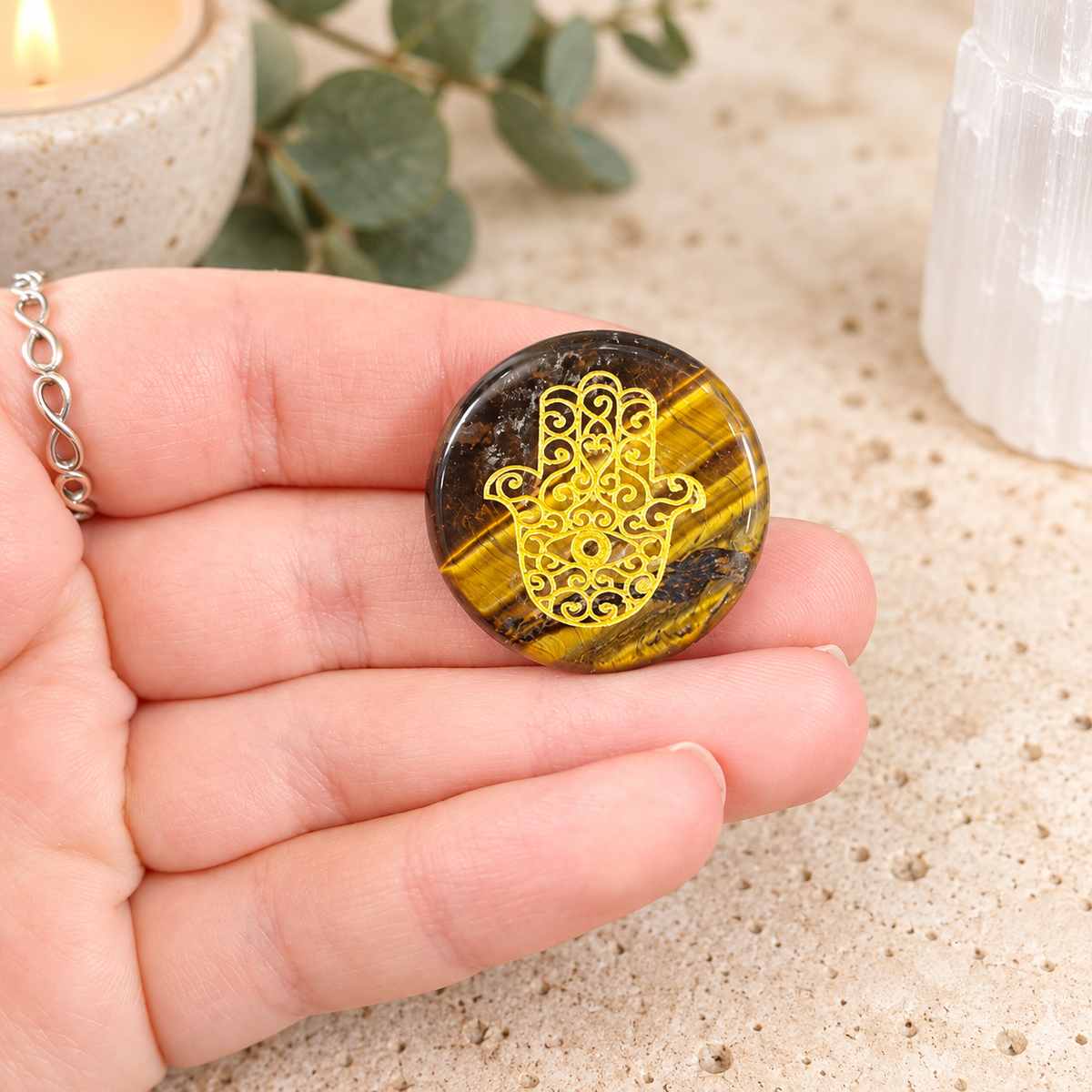 Tiger Eye Hamsa Gemstone Coin