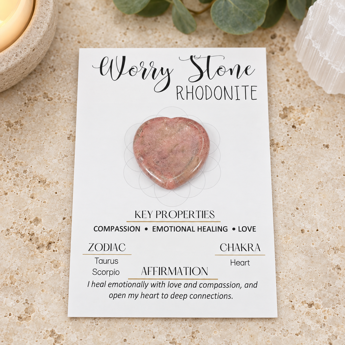 Pink Rhodonite Heart Shape Worry Stone (Thumb Stone)