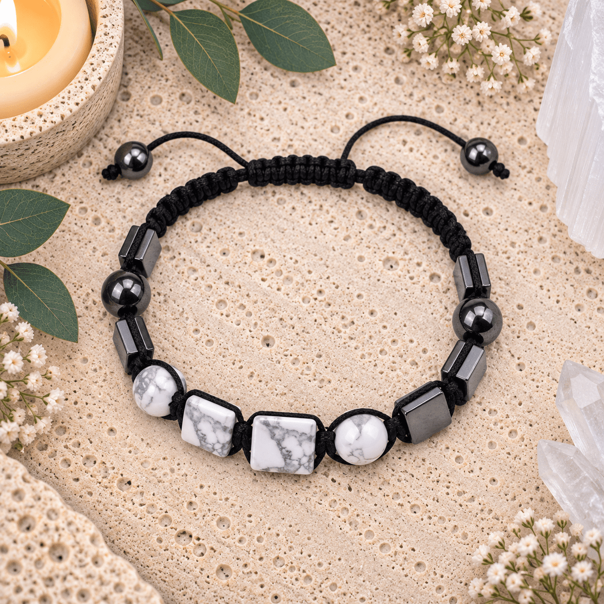 White Howlite & Hematite Adjustable Gemstone Bracelet