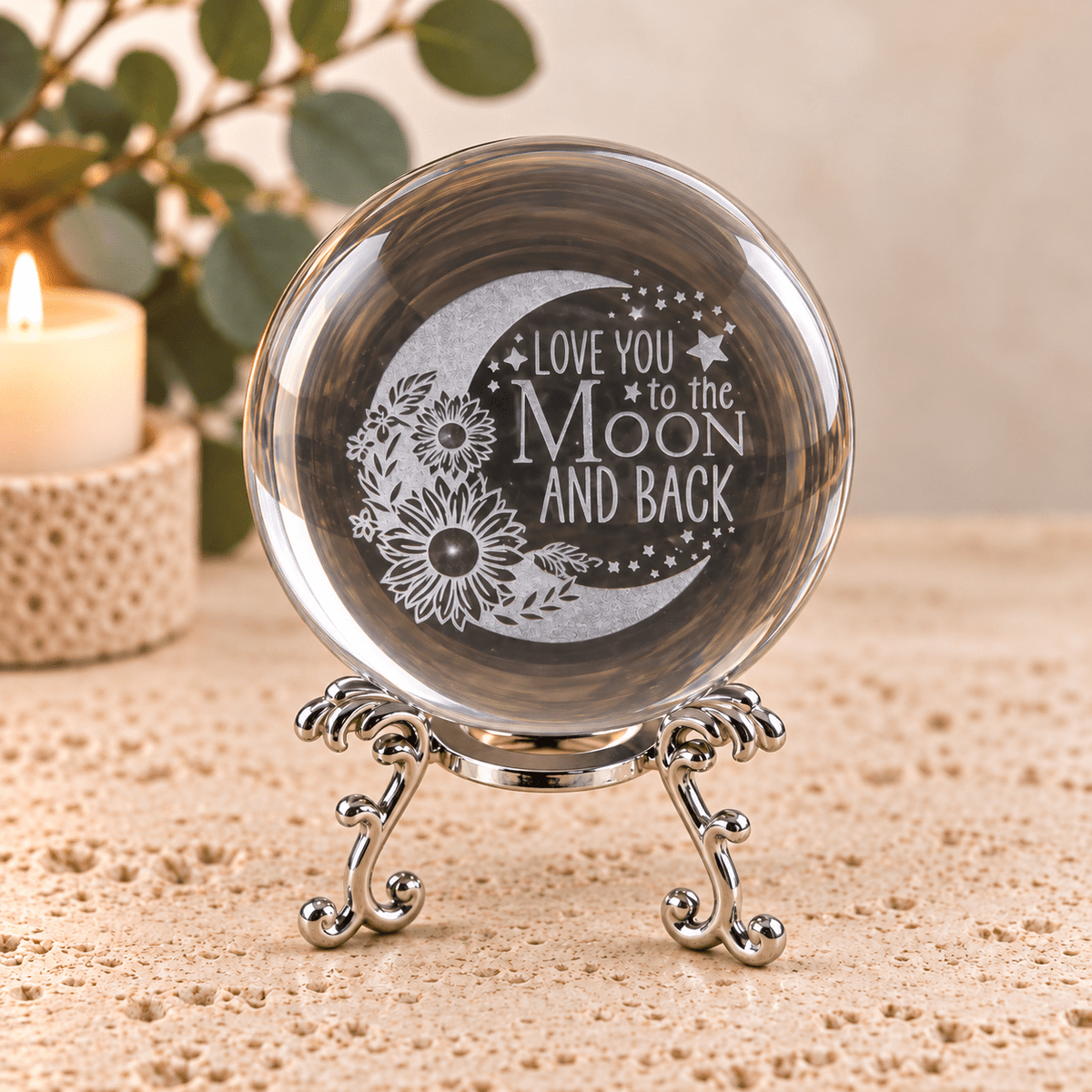 I Love You to the Moon and Back 8cm Laser Cut Glass Sphere & Stand