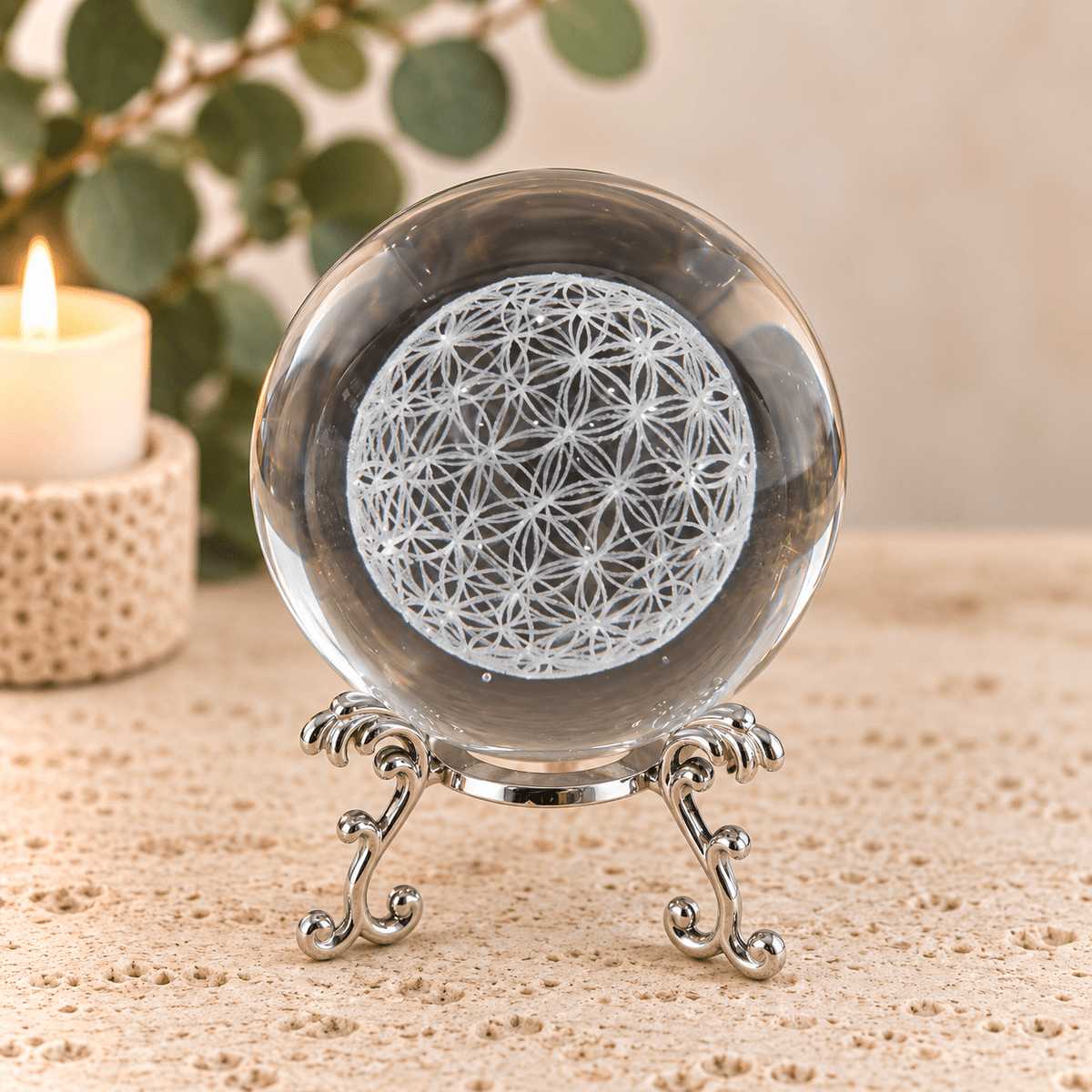 Flower of Life 8cm Laser Cut Glass Sphere & Stand