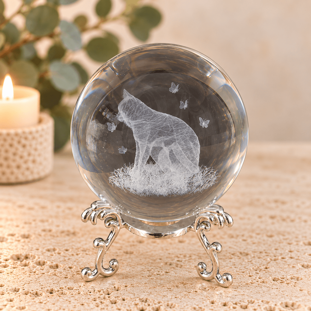 Cat Sitting with Butterflies 8cm Laser Cut Glass Sphere & Stand