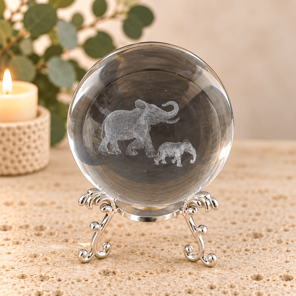 Elephant Family 8cm Laser Cut Glass Sphere & Stand