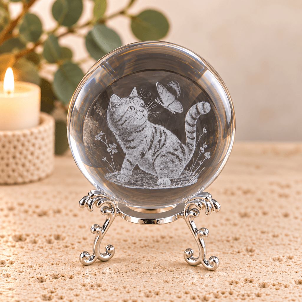 Kitten with Butterfly 8cm Laser Cut Glass Sphere & Stand