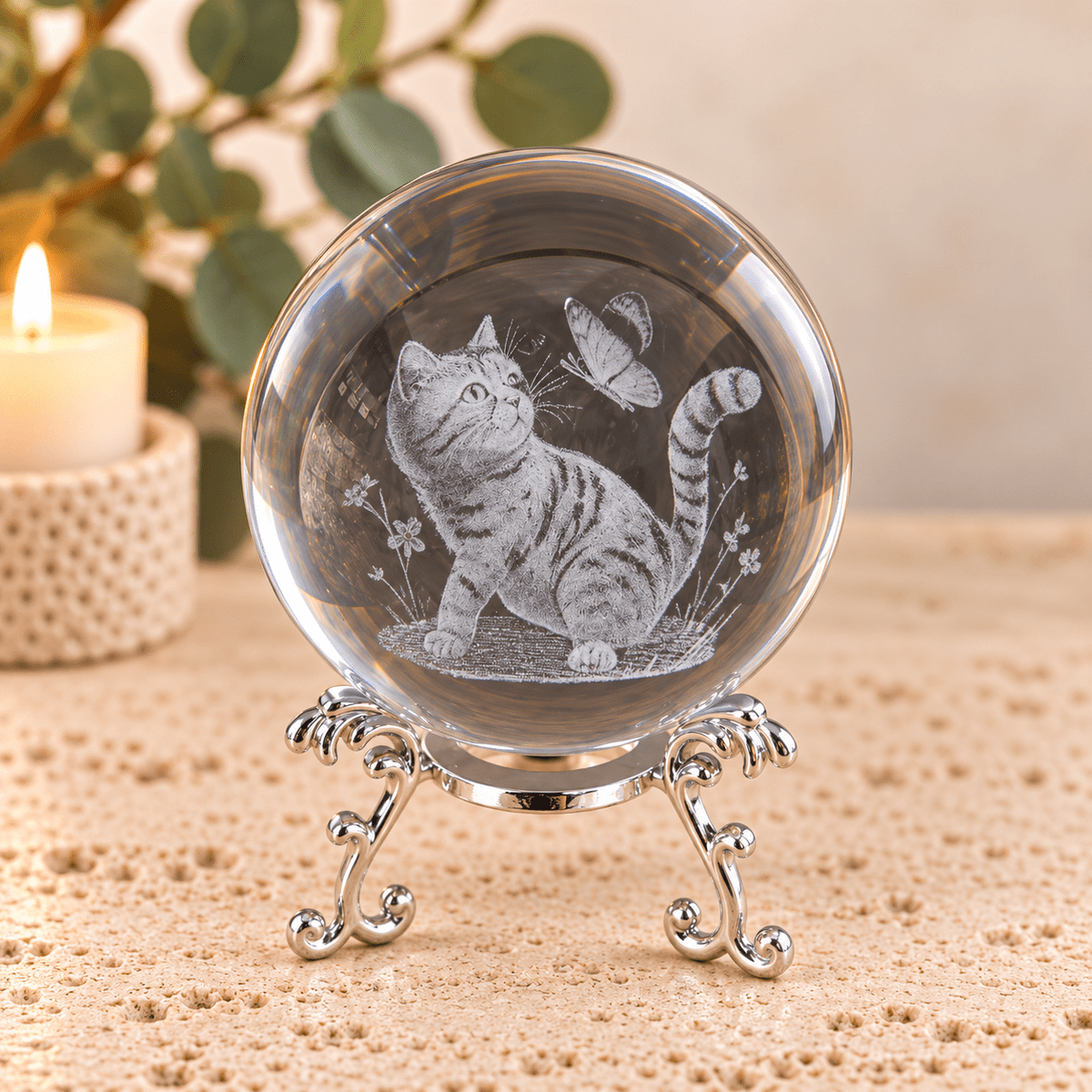 Kitten with Butterfly 8cm Laser Cut Glass Sphere & Stand