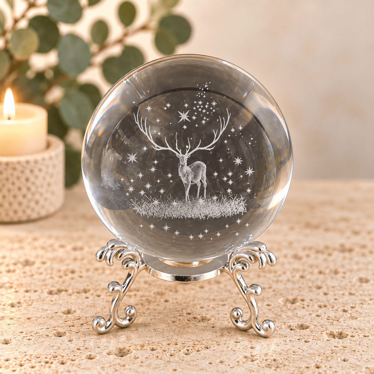 Deer 8cm Laser Cut Glass Sphere & Stand