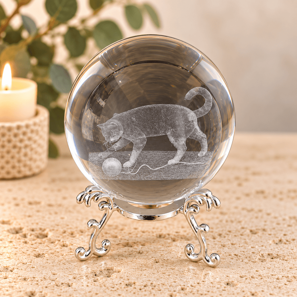 Cat with Wool 8cm Laser Cut Glass Sphere & Stand