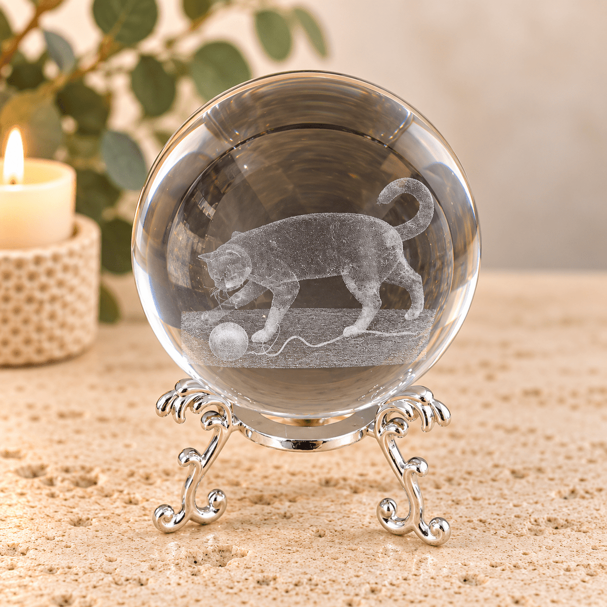 Cat with Wool 8cm Laser Cut Glass Sphere & Stand