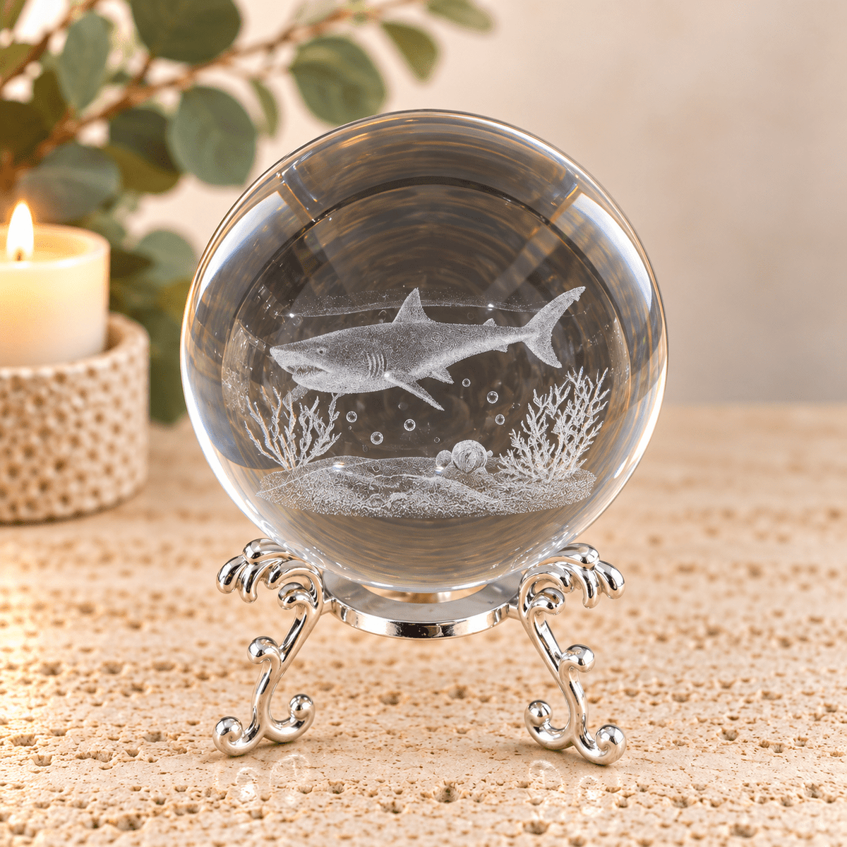 Shark 8cm Laser Cut Glass Sphere & Stand