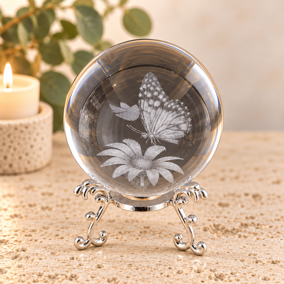 Butterfly with Flower 8cm Laser Cut Glass Sphere & Stand