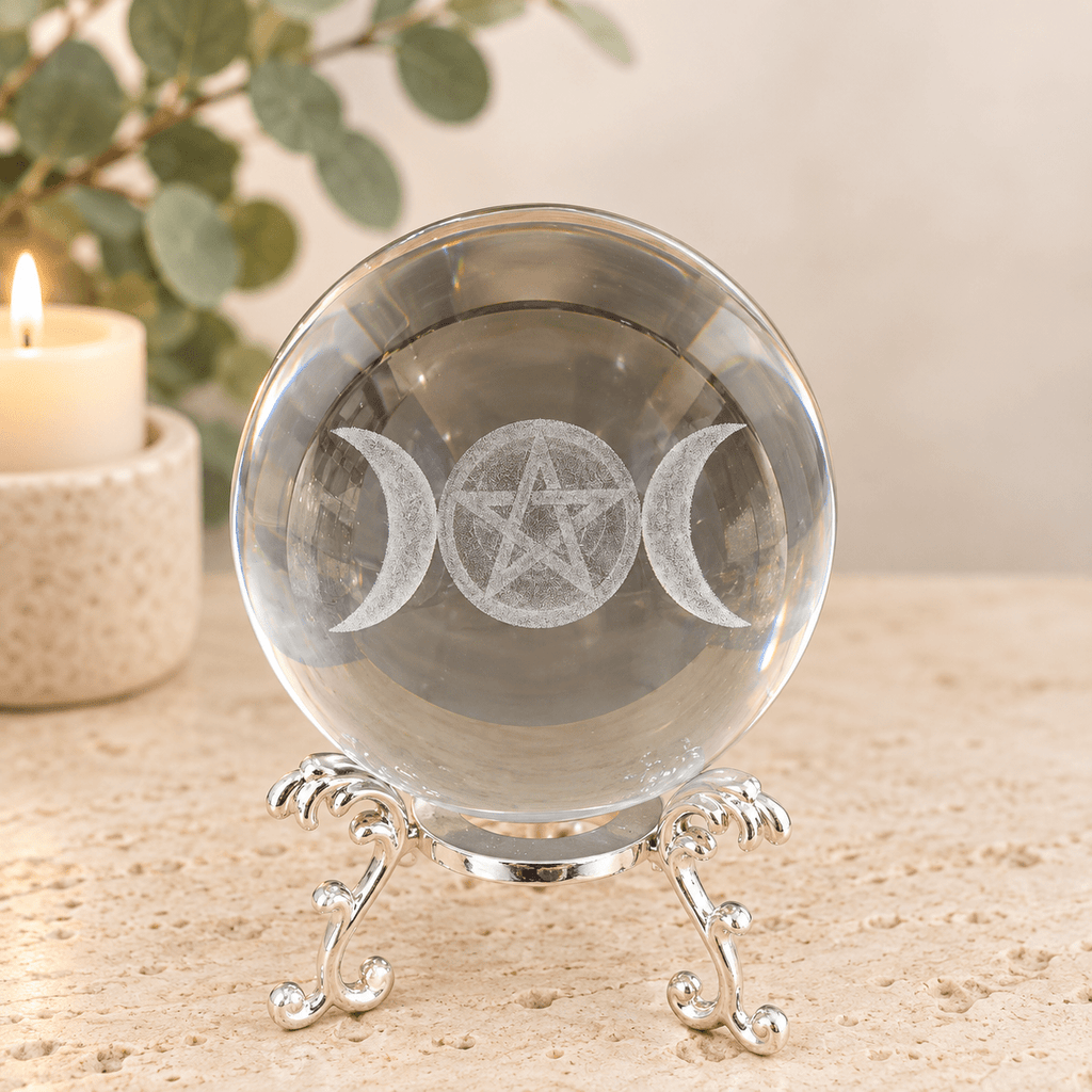 Triple Moon with Pentagram 8cm Laser Cut Glass Sphere & Stand