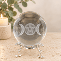 Triple Moon with Pentagram 8cm Laser Cut Glass Sphere & Stand