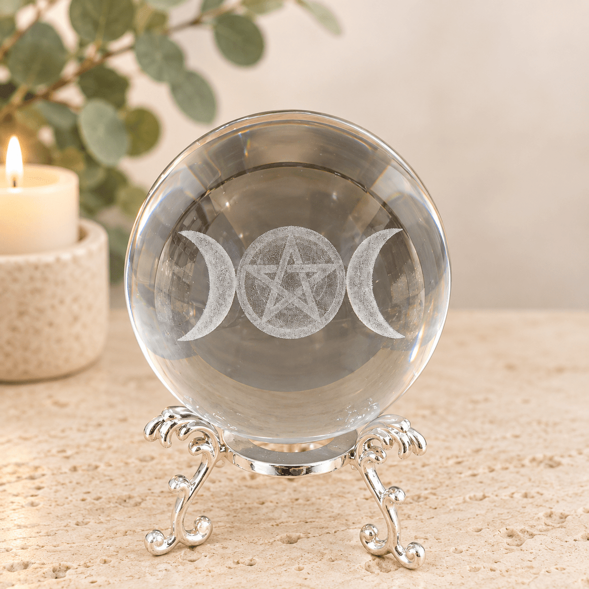 Triple Moon with Pentagram 8cm Laser Cut Glass Sphere & Stand