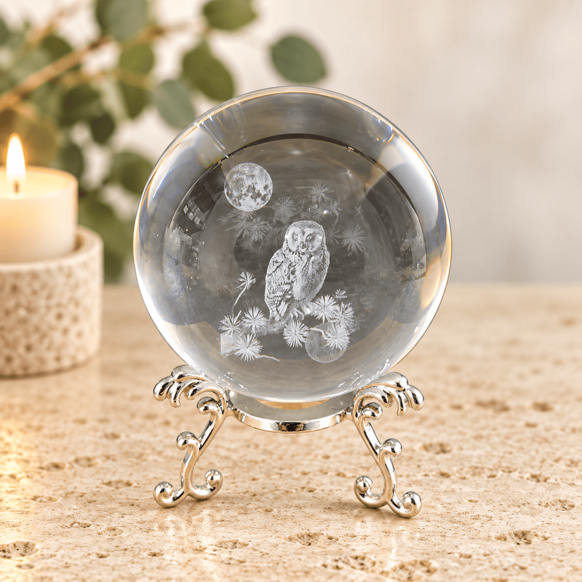 Owl 8cm Laser Cut Glass Sphere & Stand