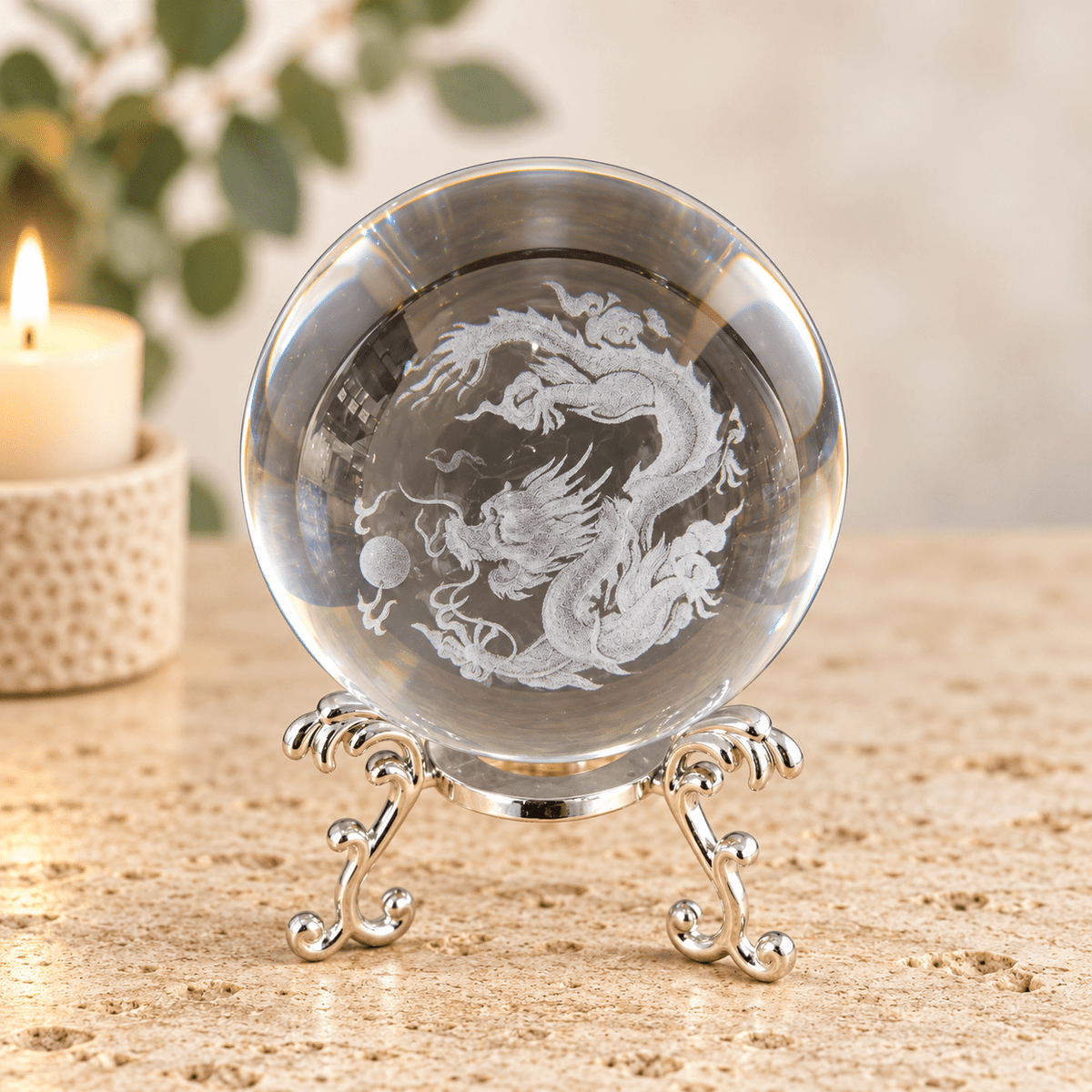 Chinese Dragon 8cm Laser Cut Glass Sphere & Stand