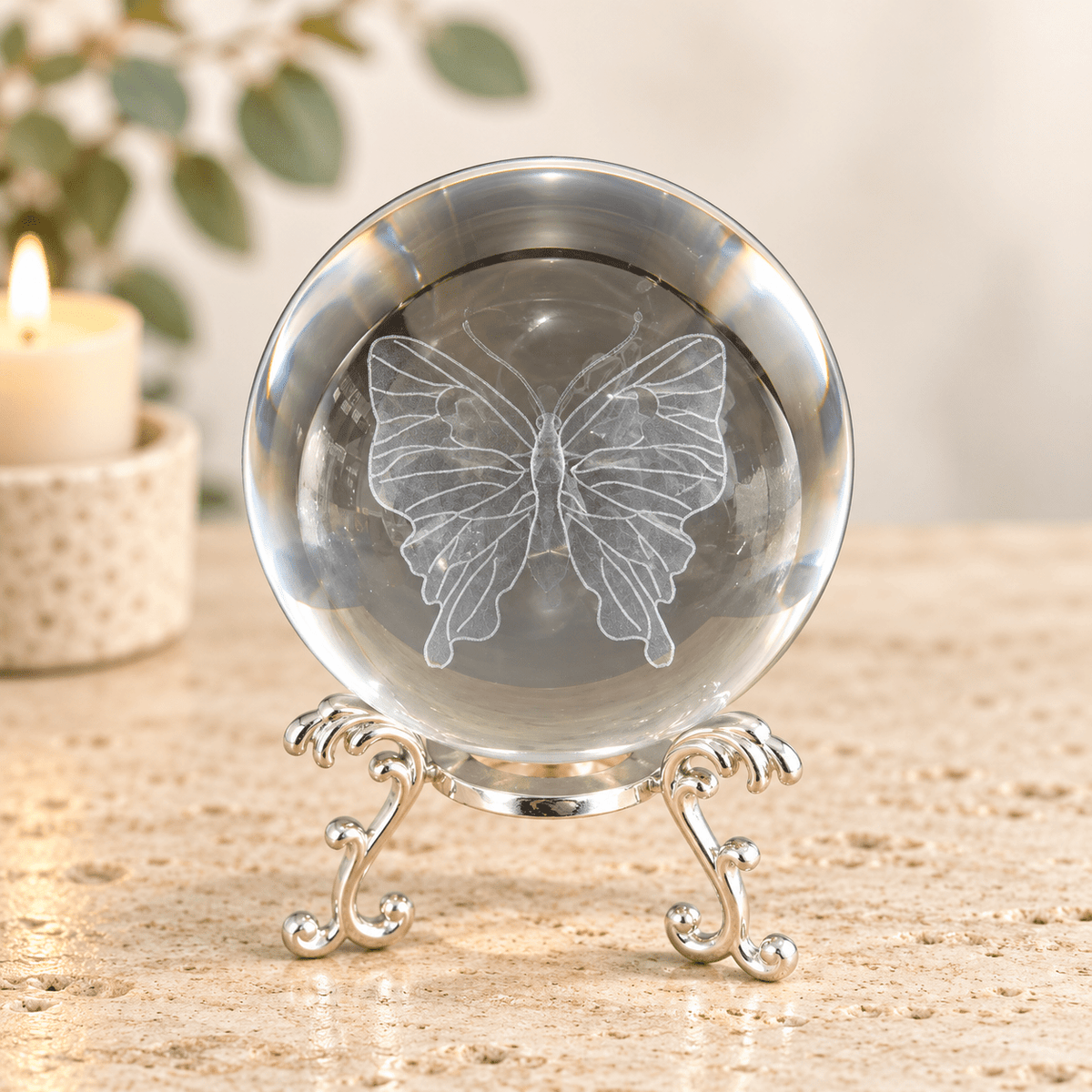 Butterfly 8cm Laser Cut Glass Sphere & Stand