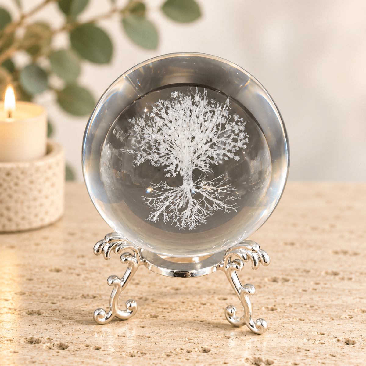 Tree of Life 8cm Laser Cut Glass Sphere & Stand