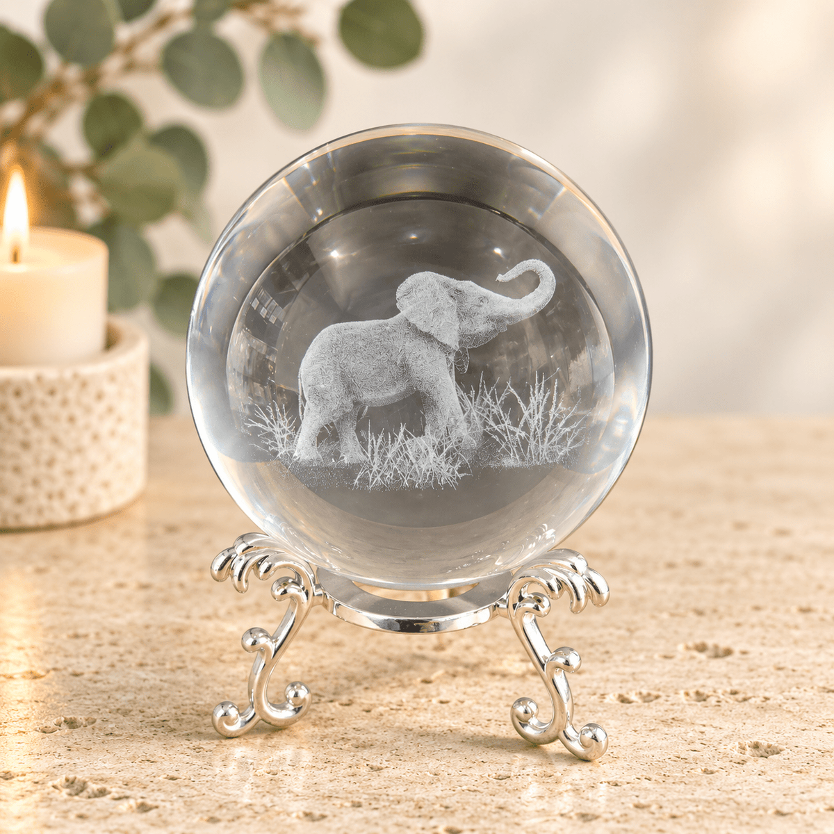 Elephant 8cm Laser Cut Glass Sphere & Stand