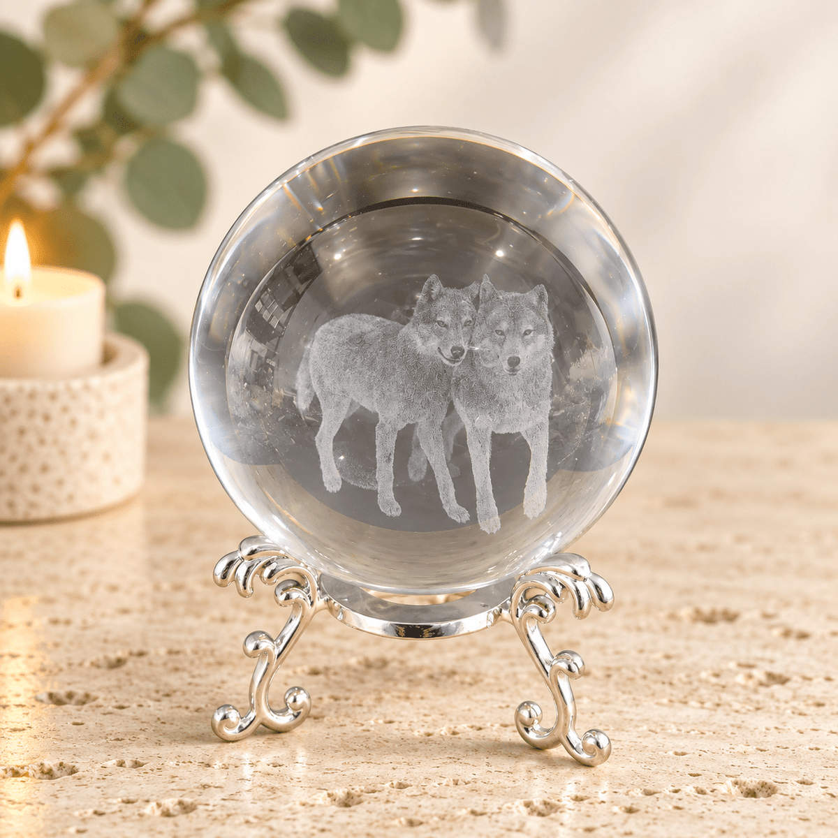 Wolves 8cm Laser Cut Glass Sphere & Stand
