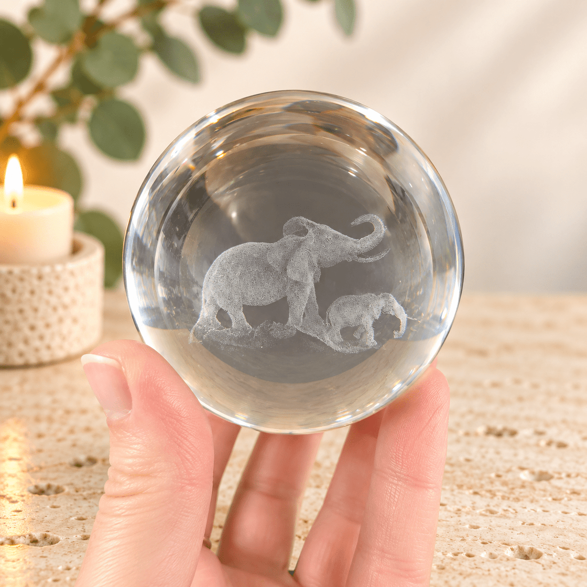 Elephant Family 8cm Laser Cut Glass Sphere & Stand