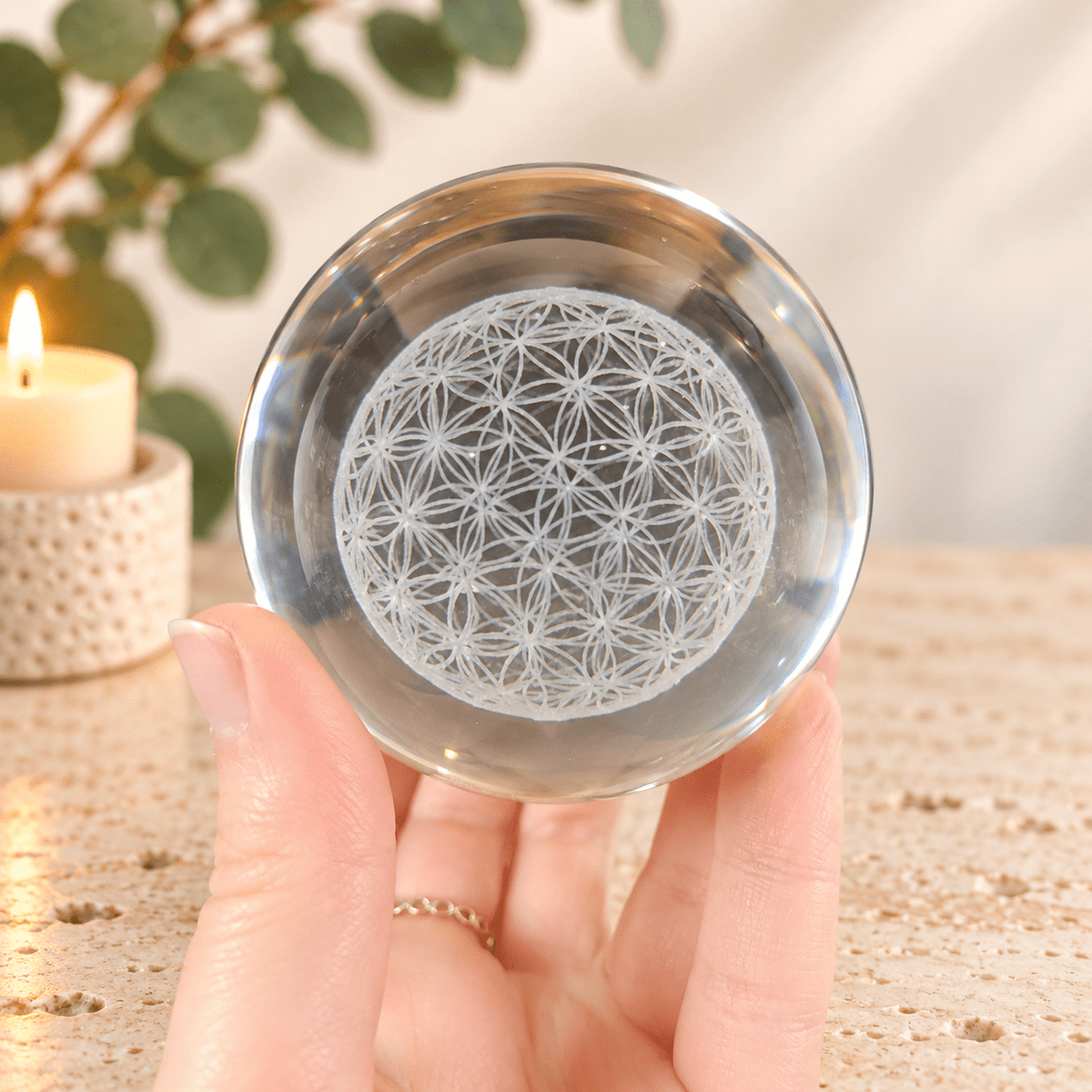 Flower of Life 8cm Laser Cut Glass Sphere & Stand