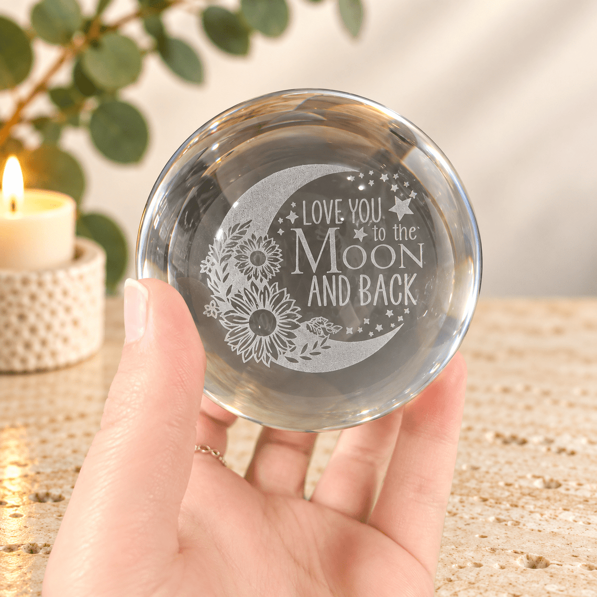 I Love You to the Moon and Back 8cm Laser Cut Glass Sphere & Stand
