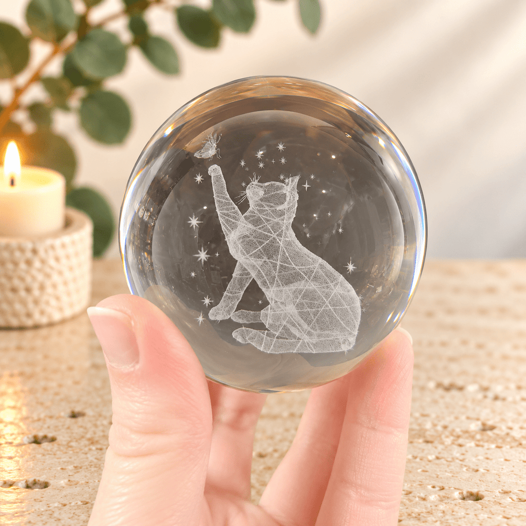 Cosmic Cat 8cm Laser Cut Glass Sphere & Stand