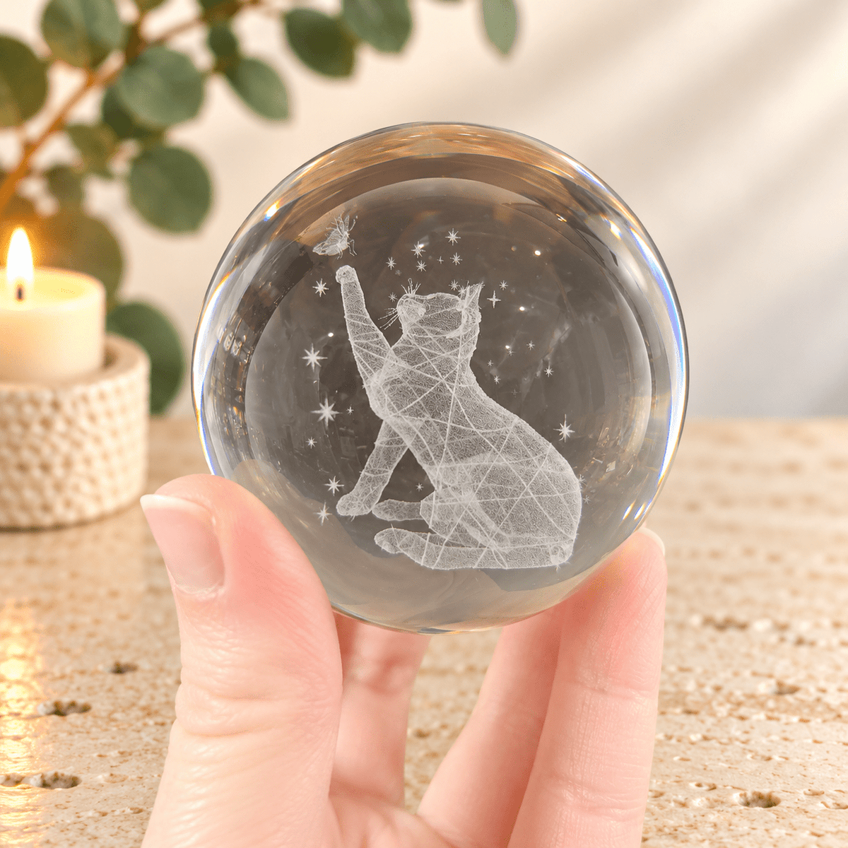 Cosmic Cat 8cm Laser Cut Glass Sphere & Stand