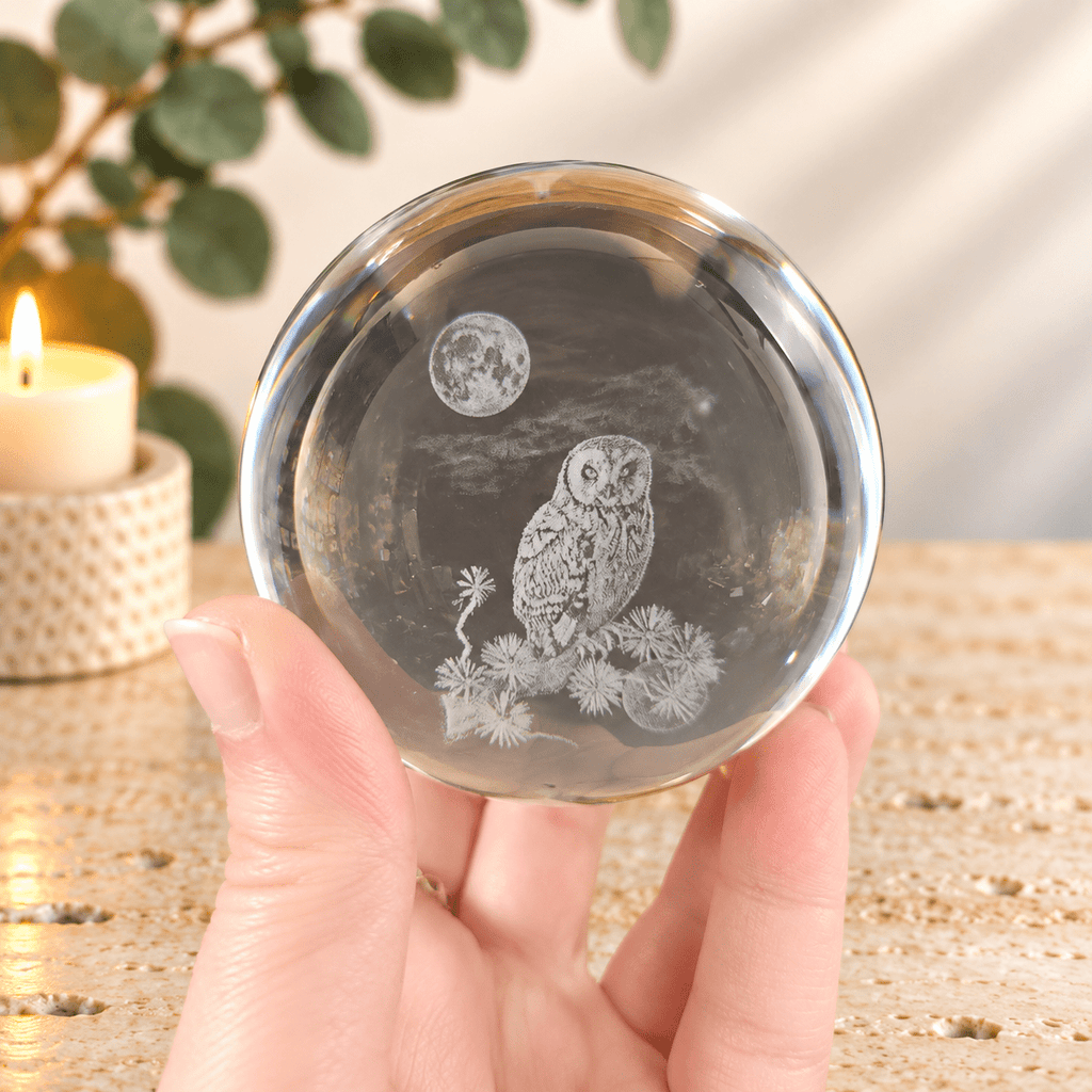 Owl 8cm Laser Cut Glass Sphere & Stand