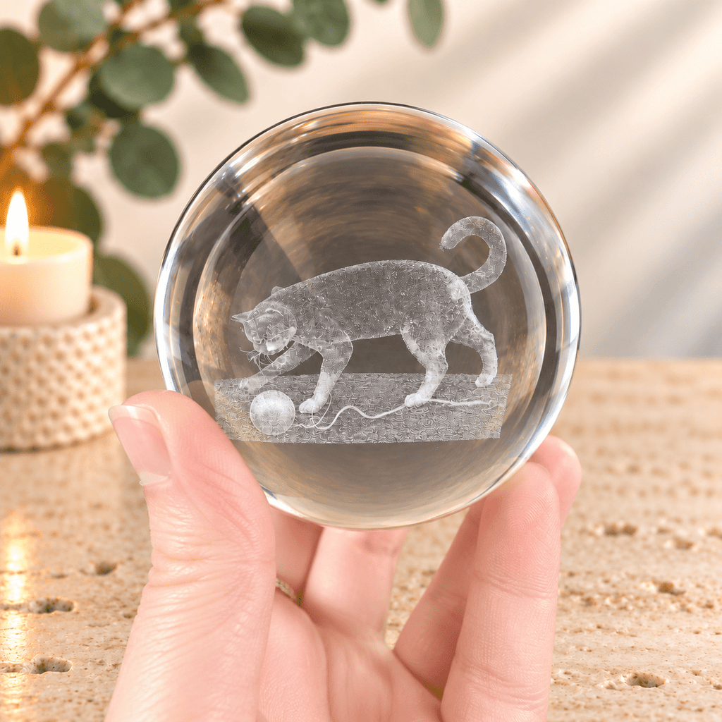 Cat with Wool 8cm Laser Cut Glass Sphere & Stand