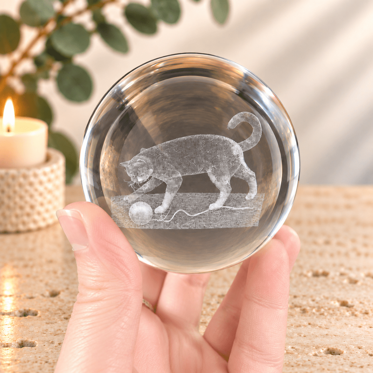 Cat with Wool 8cm Laser Cut Glass Sphere & Stand