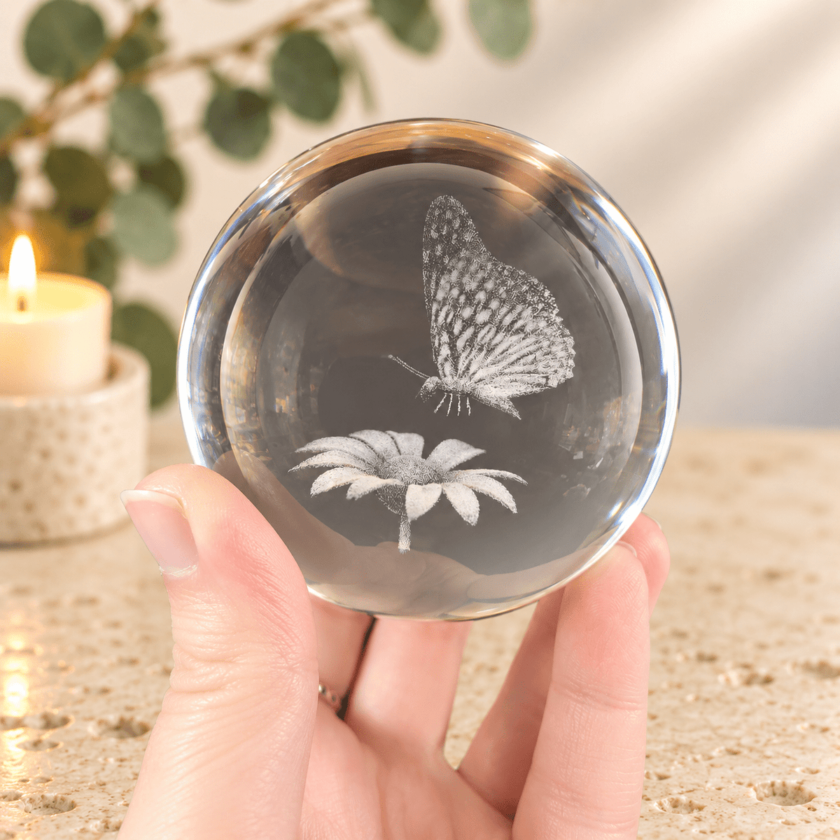 Butterfly with Flower 8cm Laser Cut Glass Sphere & Stand