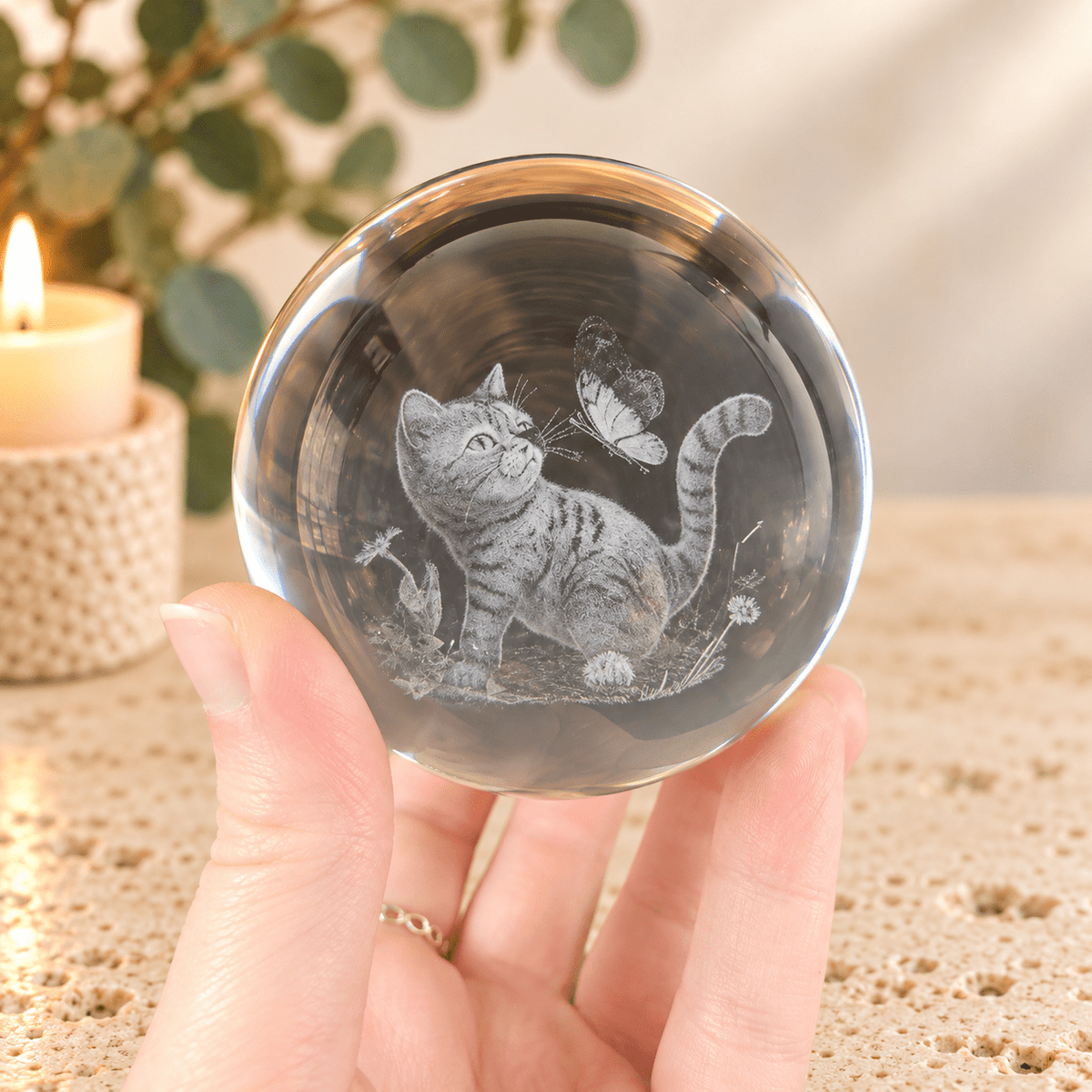 Kitten with Butterfly 8cm Laser Cut Glass Sphere & Stand