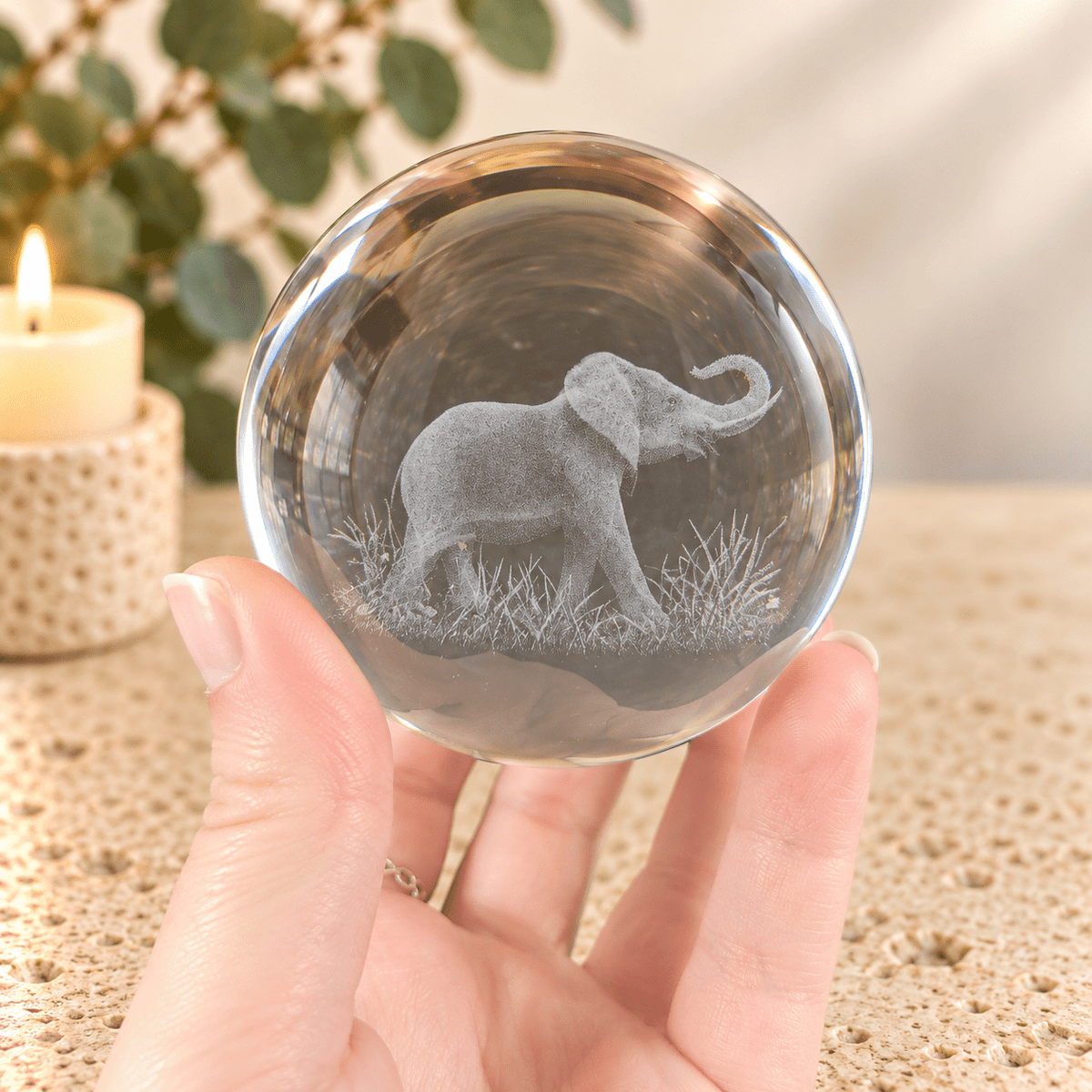 Elephant 8cm Laser Cut Glass Sphere & Stand