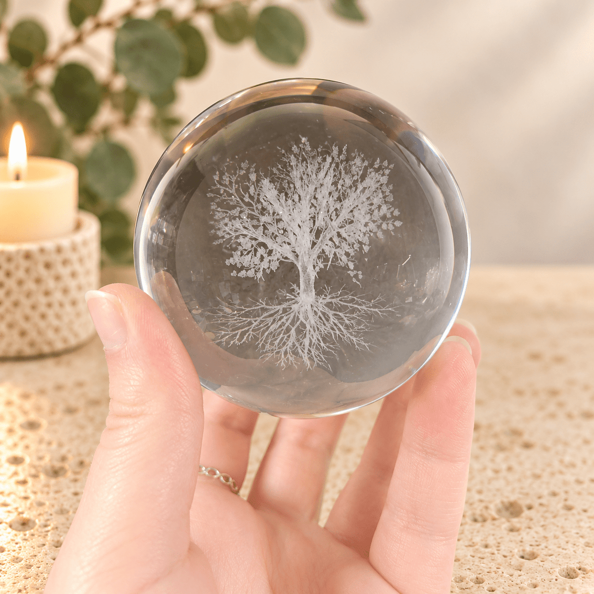 Tree of Life 8cm Laser Cut Glass Sphere & Stand