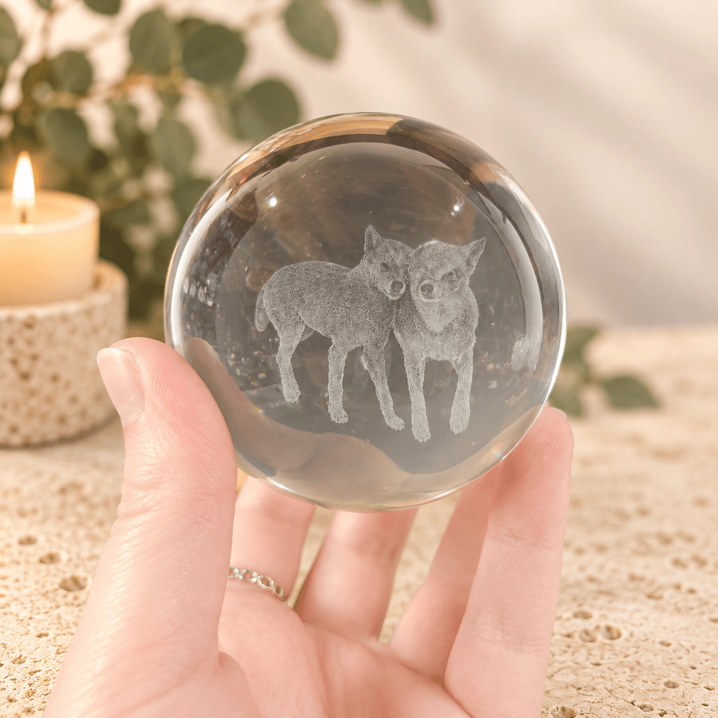 Wolves 8cm Laser Cut Glass Sphere & Stand