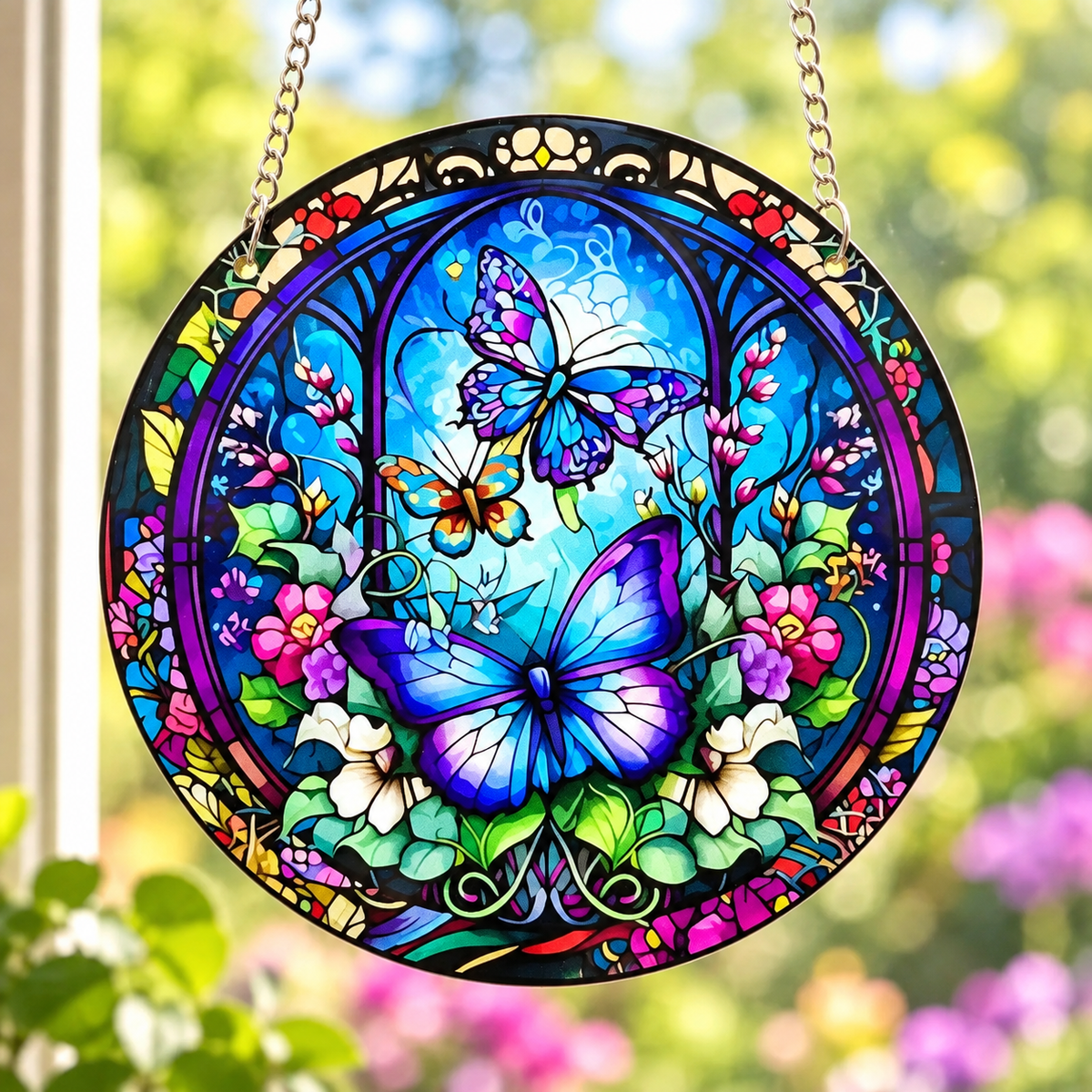 15cm Acrylic Suncatcher - Blue Butterfly Garden
