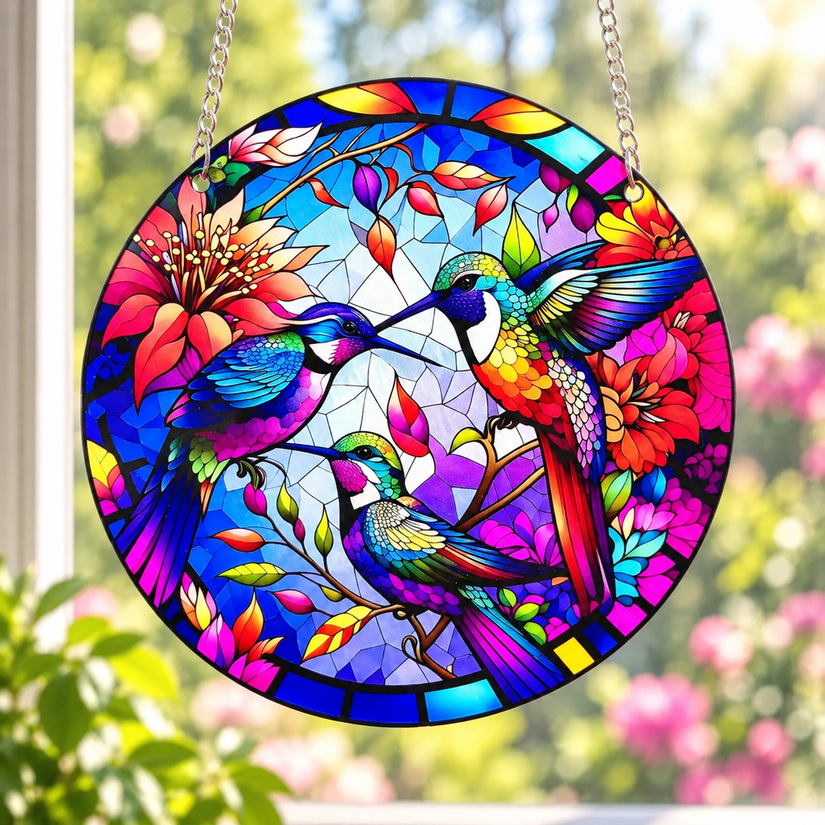 15cm Acrylic Suncatcher - Colourful Hummingbirds