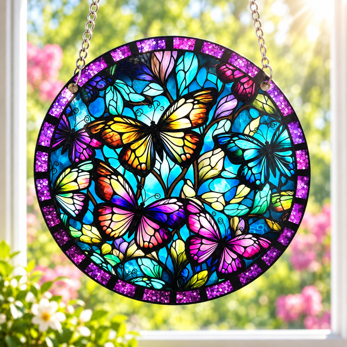 15cm Acrylic Suncatcher - Purple Border Butterflies