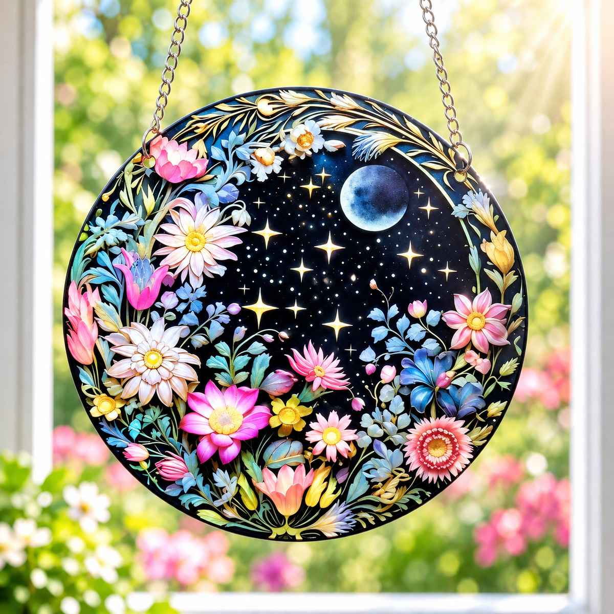 15cm Acrylic Suncatcher - Moon & Flowers
