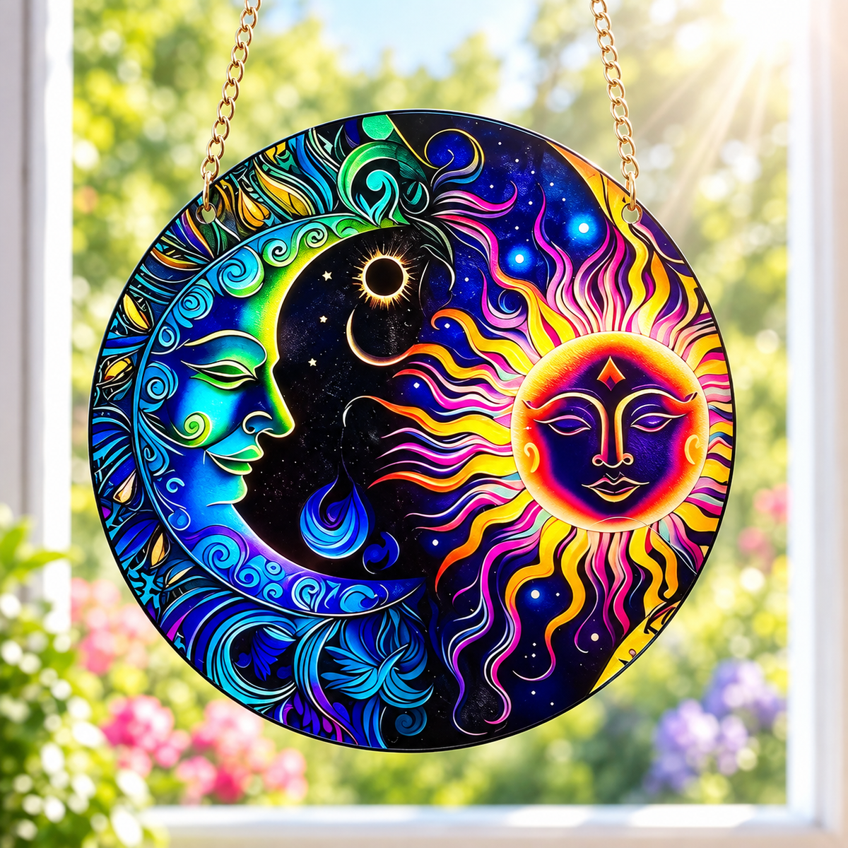 15cm Acrylic Suncatcher - Colourful Sun & Moon