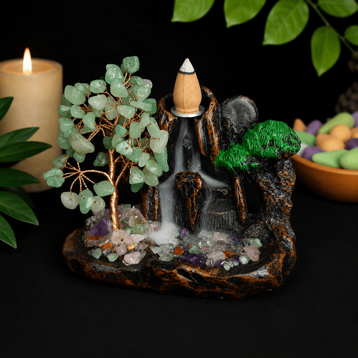 Aventurine Chip Waterfall Backflow Incense Burner & 40 Cones