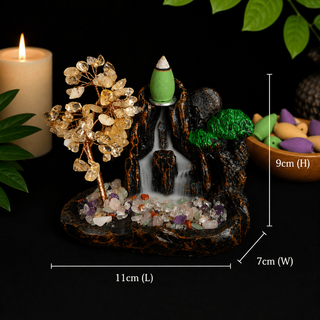 Citrine Chip Waterfall Backflow Incense Burner & 40 Cones