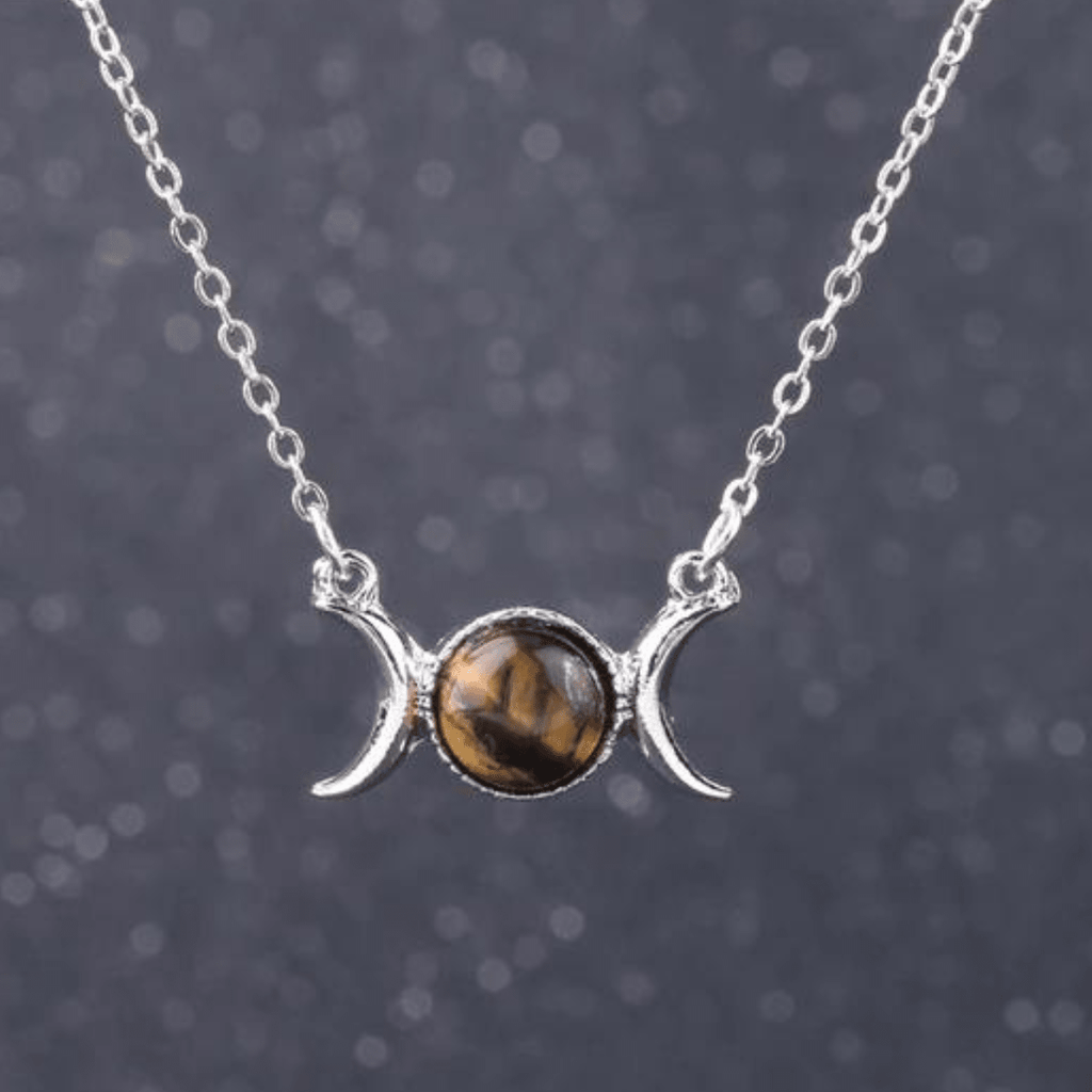 Tiger Eye Triple Moon Goddess Necklace