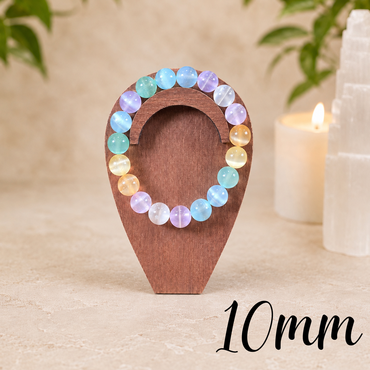 10mm Rainbow Aura Coated Selenite Gemstone Bracelet