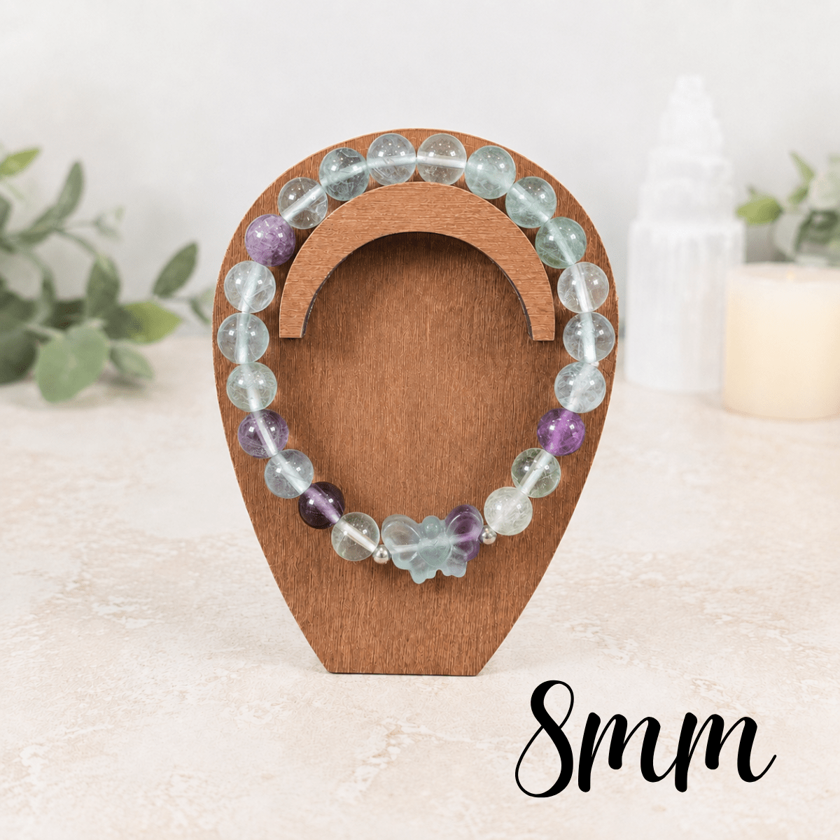 8mm Fluorite Butterfly Charm Gemstone Bracelet